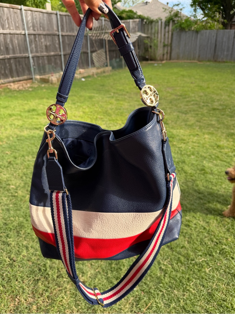 Tory Burch Navy White Red Stripe Leather Hobo Bag - Picture 5 of 13